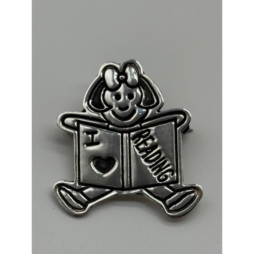 Mexico Sterling Silver Girl Book Brooch I Heart Love Reading Pin‎